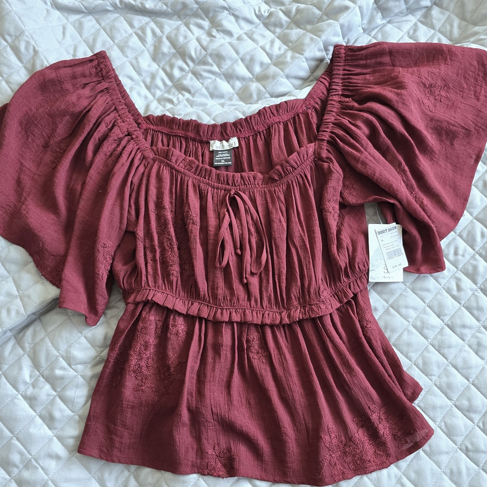 Burgandy Smocked Flutter Sleeve Blouse